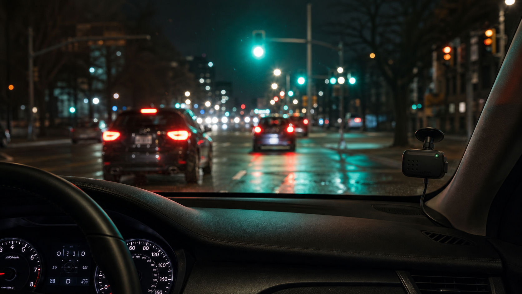 ChimeLight mounted on a windshield at a green traffic light at night
